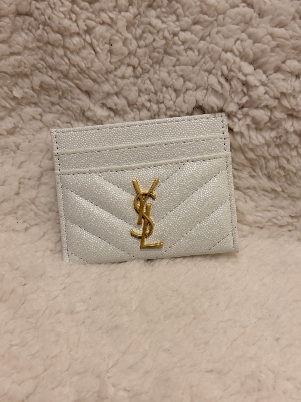 Saint Laurent White Quilted Leather Card Case with Gold YSL Emblem